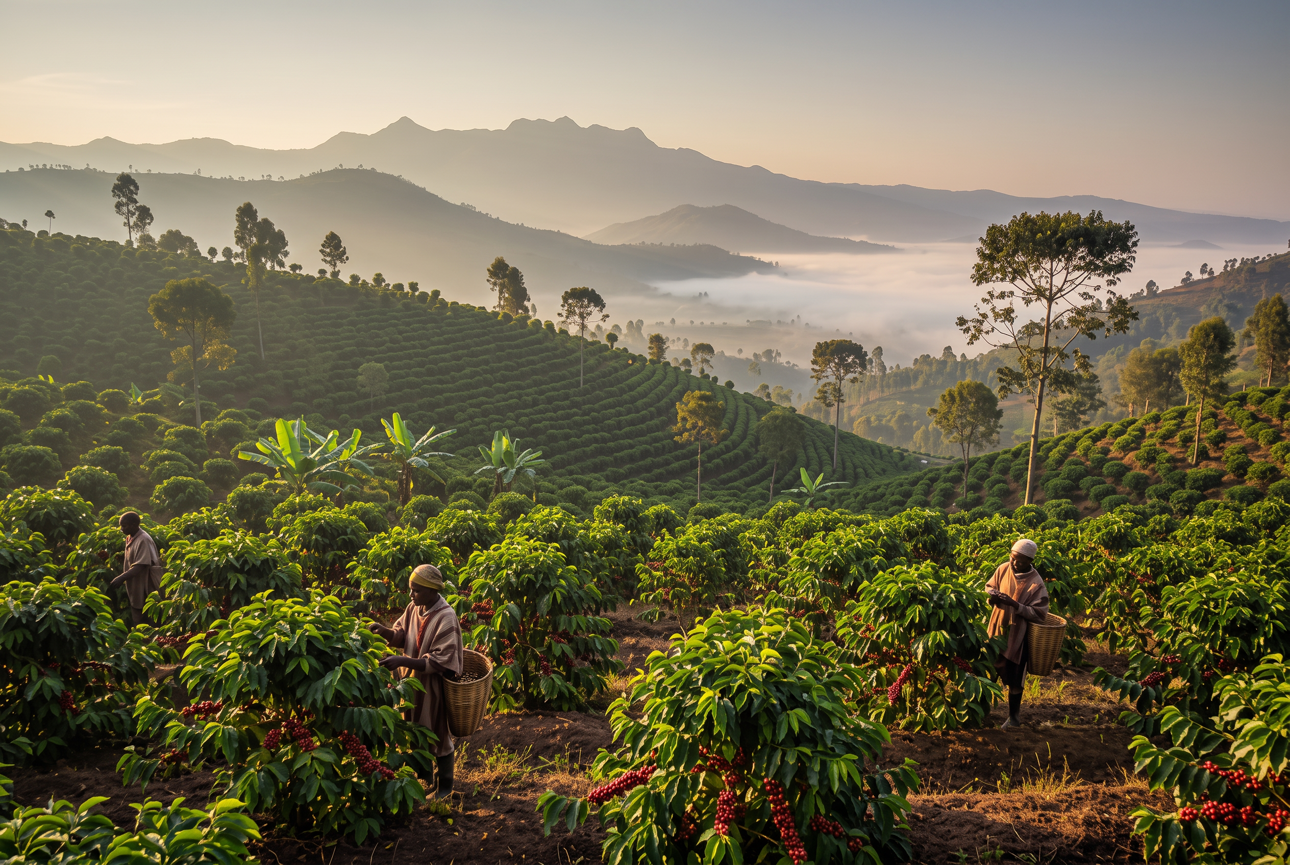 Cueilleurs de café dans une plantation éthiopienne du Sidama au lever du jour
